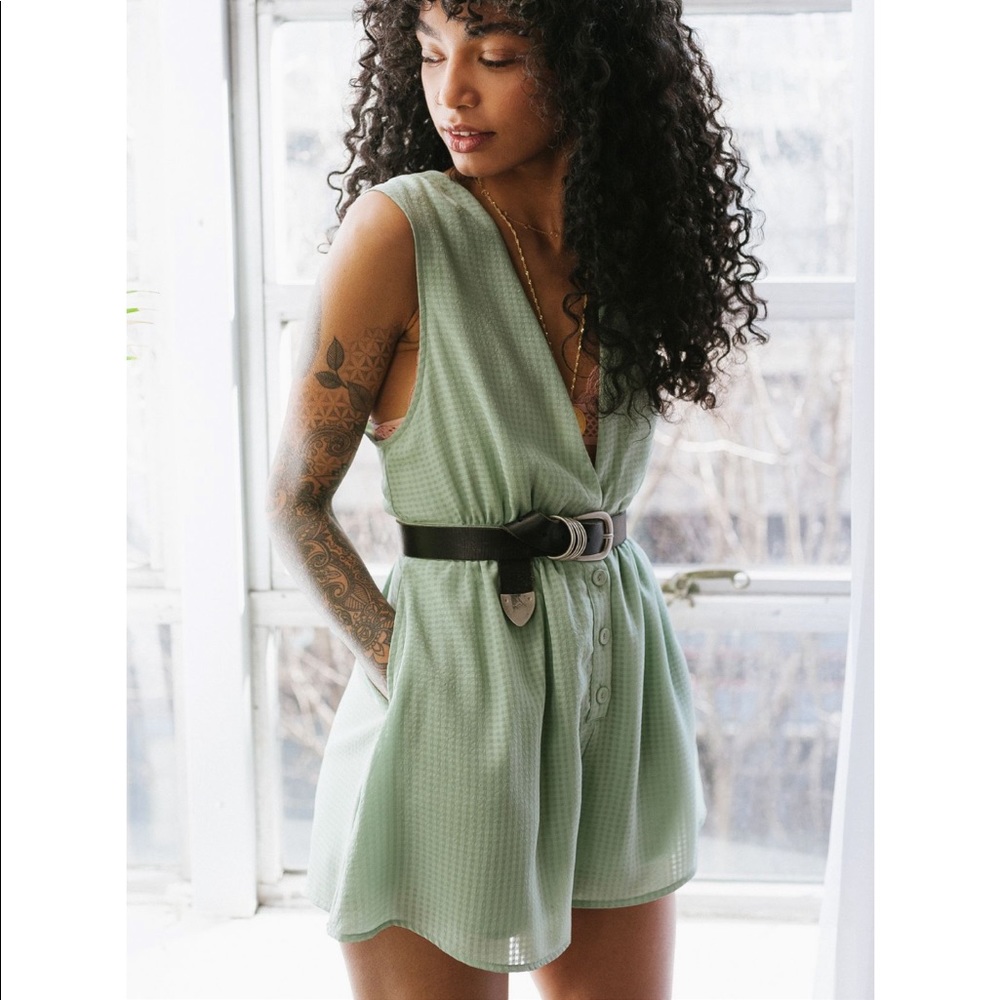 OU Plaid Chiffon Plunging Button Down Romper